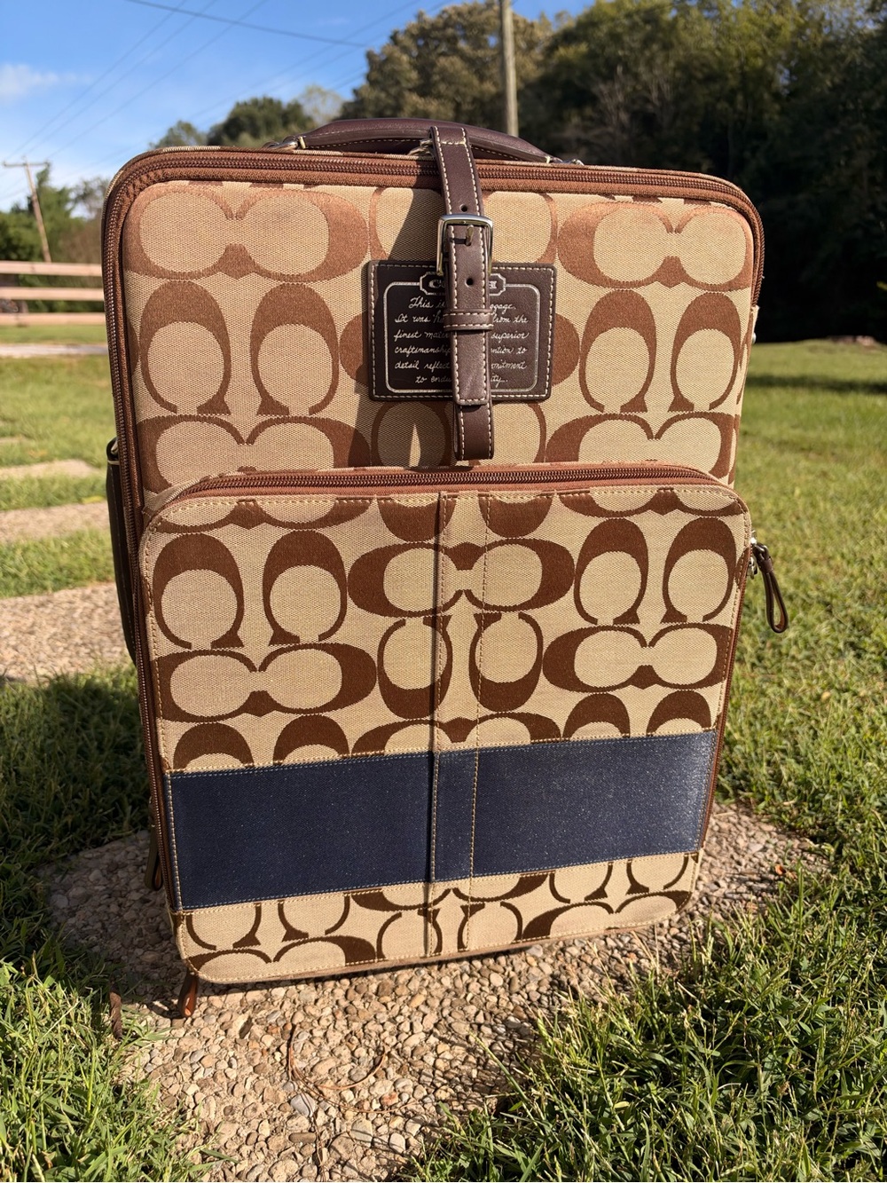 Coach  Tan & Brown Monogram Carry-On with Navy Accent